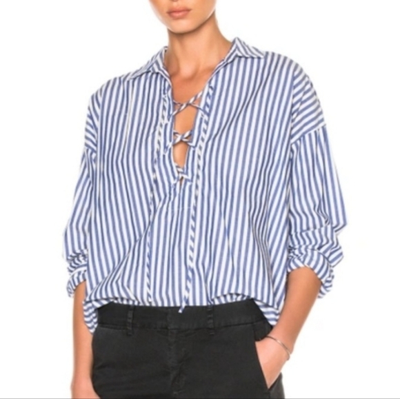 Nili Lotan Shiloh Lace Up Top Striped Oversized Medium Cotton - Picture 1 of 11